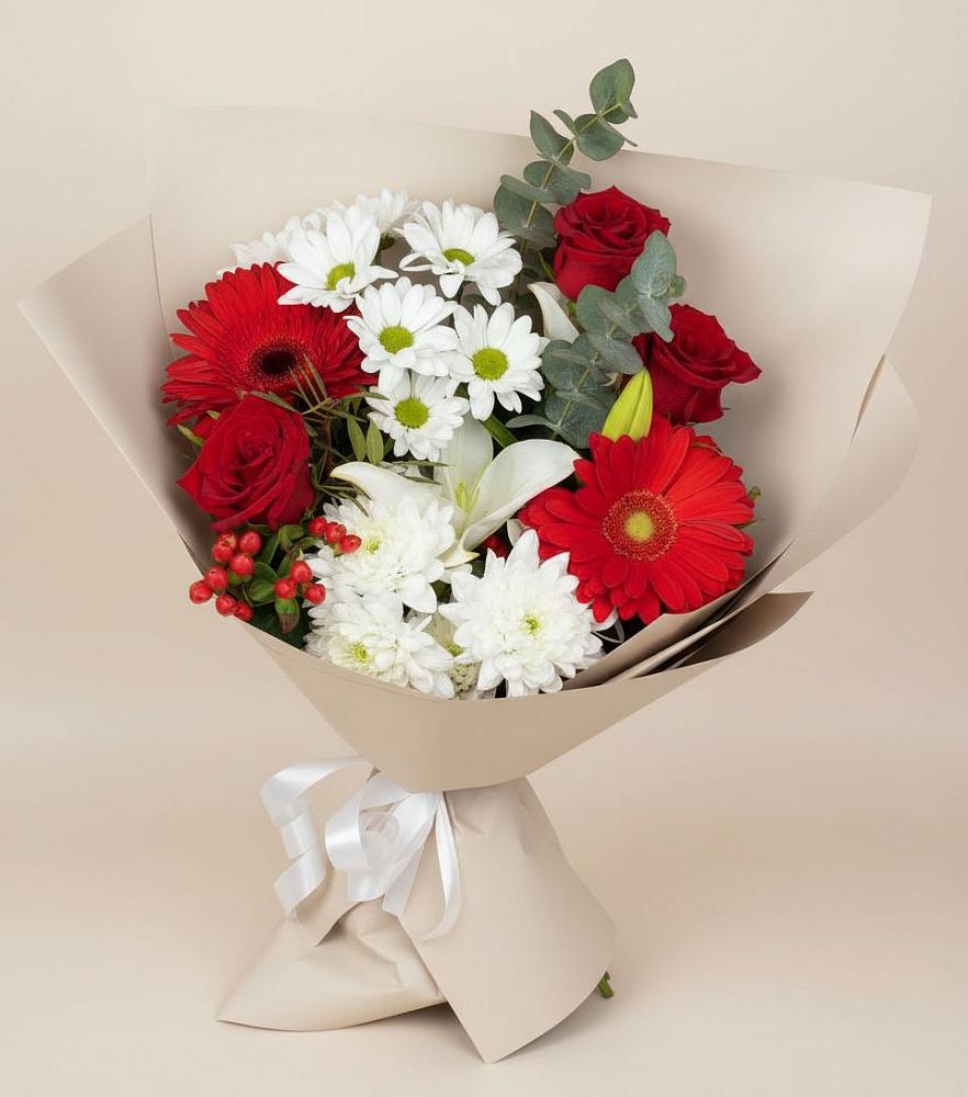Букет цветов из: Розы, Хризантемы, Герберы и Лилии в Электроуглях