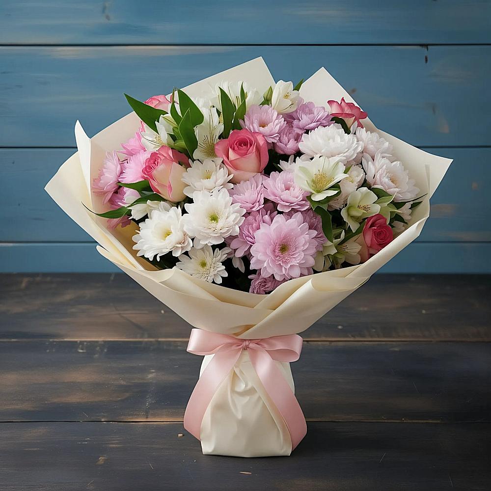 Букет цветов из: Хризантемы, Альстромерии и Розы в Электроуглях